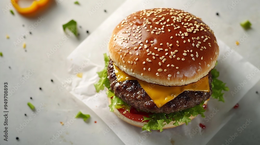 Wall mural top view cheeseburger hamburger in paper cover with yellow letter and line isolated in white backgro