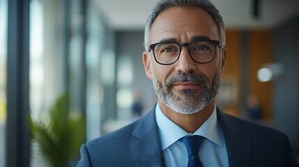 Fototapeta premium Portrait of a confident mature businessman working in a modern office Mature cheerful executive businessman at workspace office Portrait of smiling ceo at modern office workplace in su : Generative AI