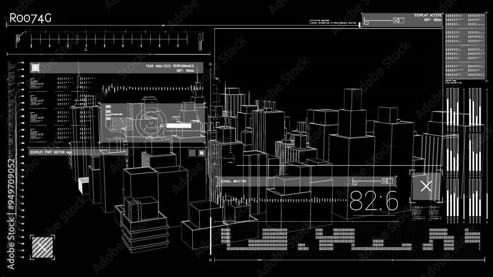 Aufkleber futuristic cityscape with data analysis and performance metrics animation