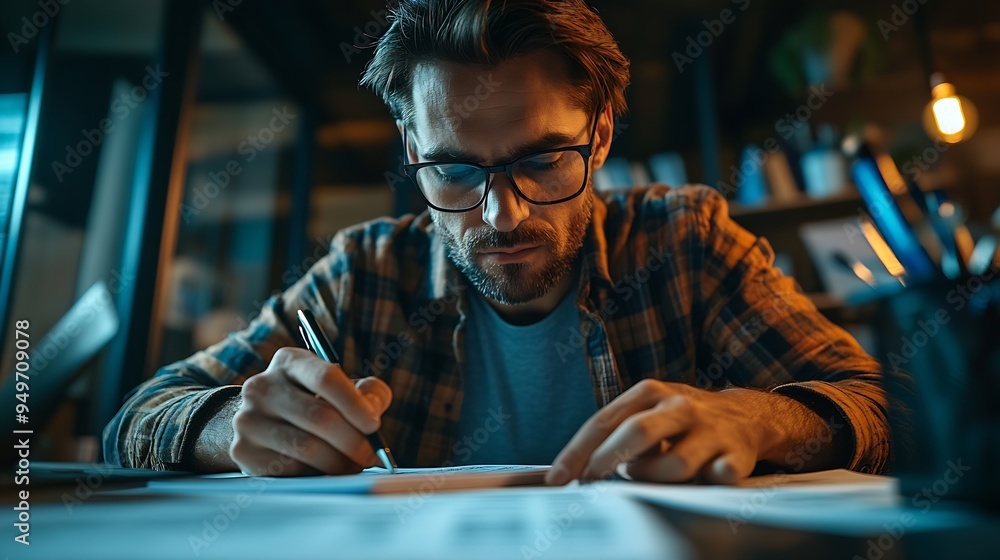 Aufkleber Self employed broker investor in home office checking stock exchange profit calculating using pen and paper Freelancer in apartment looking at market shares growth writing on notepad c : Generative AI