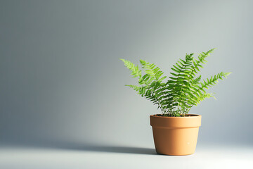 A green fern in a simple terracotta pot against a neutral background.