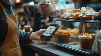 Customer using smartphone to complete digital payment with baristas handheld device in a cafe Modern payment being made via mobile phone by woman in casual clothes to attentive worker  : Generative AI