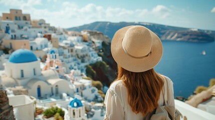 Fototapeta premium A woman with sunhat looks at the beautiful village of Oia Santorini island Greece during summer travel time : Generative AI