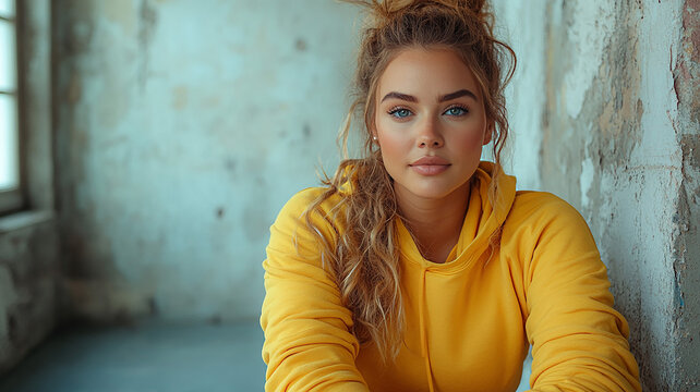 Young Caucasian plus-size model in yellow sportswear, sitting confidently on gray floor, athletic and strong.