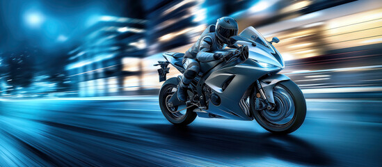 Fototapeta premium Motorcyclist riding a sport bike through a city at night. A rider in full gear speeding down an illuminated urban street with blurred lights, emphasizing the motion and nighttime atmosphere