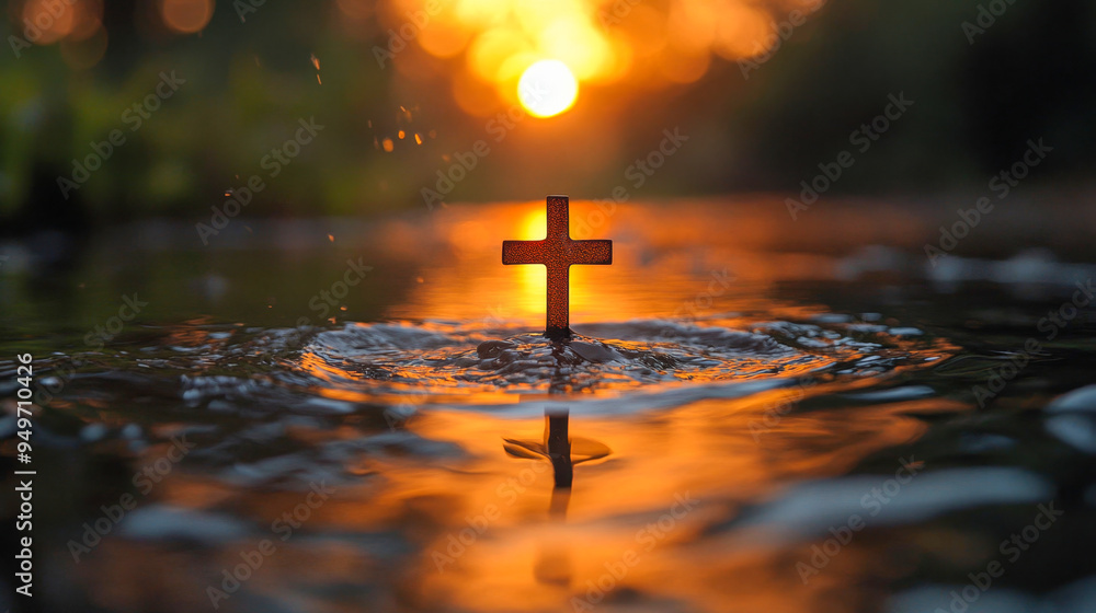 Wall mural Wooden cross standing in water with sunset reflecting on surface