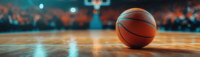 Obraz premium A basketball rests on a polished court, capturing the excitement of a game night with vibrant lights and eager fans in the background.
