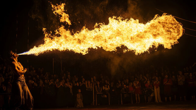 Fire breather performing breathtaking fire show at night