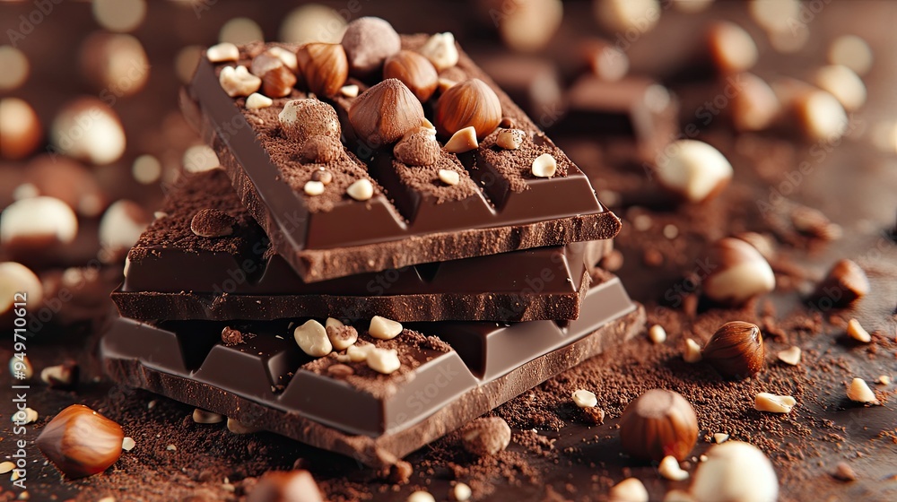 Poster realistic 3d rendering of dark chocolate bars, stacked high with hazelnuts delicately arranged on to