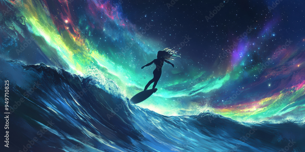 Poster surfer floating above vibrant aurora waves, creating magical scene.