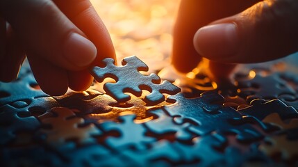 Hand put the last piece of jigsaw puzzle to complete the mission Concept of connecting jigsaw pieces problem solving teamwork and success : Generative AI