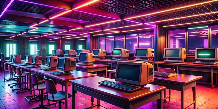 Retro-futuristic cybercafe, public wifi terminals in rows, old computers and keyboards, neon tubes glowing, VHS tape aesthetic, warm color palette.
