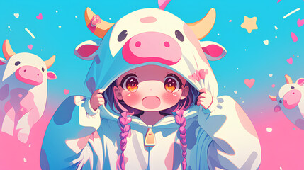 cute cow character wearing anime onesie costume, anime style, cute kawaii, simple, smiling happy. neon psychedelic background
