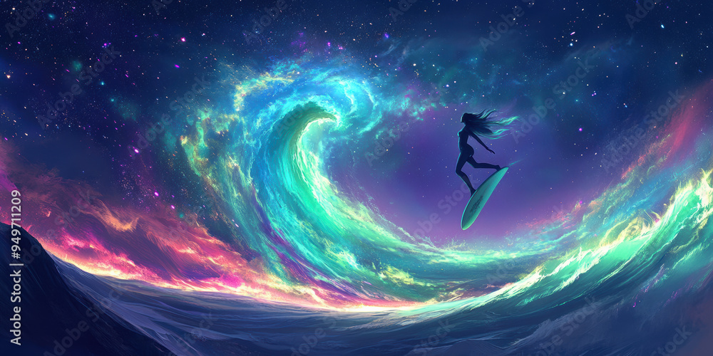 Poster surfer floating above vibrant aurora wave in cosmic landscape, creating sense of wonder and adventur