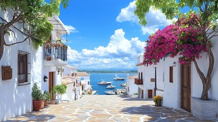 Fototapeta premium Discovering hidden coastal towns, quaint streets, colorful houses, boats in harbor, tranquil ambiance, local culture, off-the-beaten-path adventure