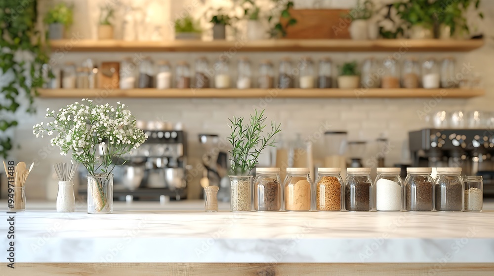 Poster white marble counter table at foreground with blurry interior of cafe with glass jars arranged on sh