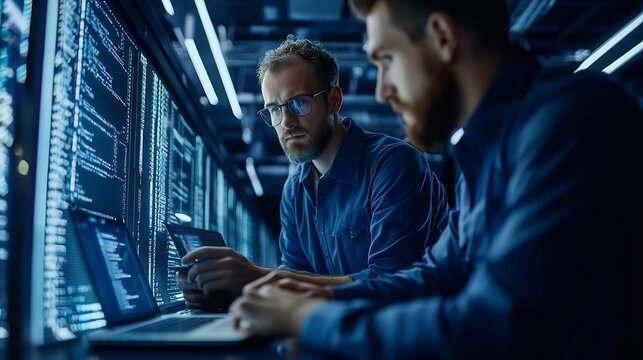 Side view portrait of two software developers using laptop together while working on project in IT company office copy space : Generative AI