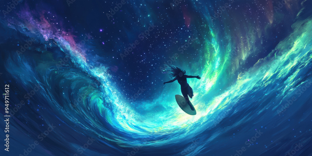 Aufkleber surfer floating above vibrant aurora in cosmic wave, creating sense of wonder and adventure.