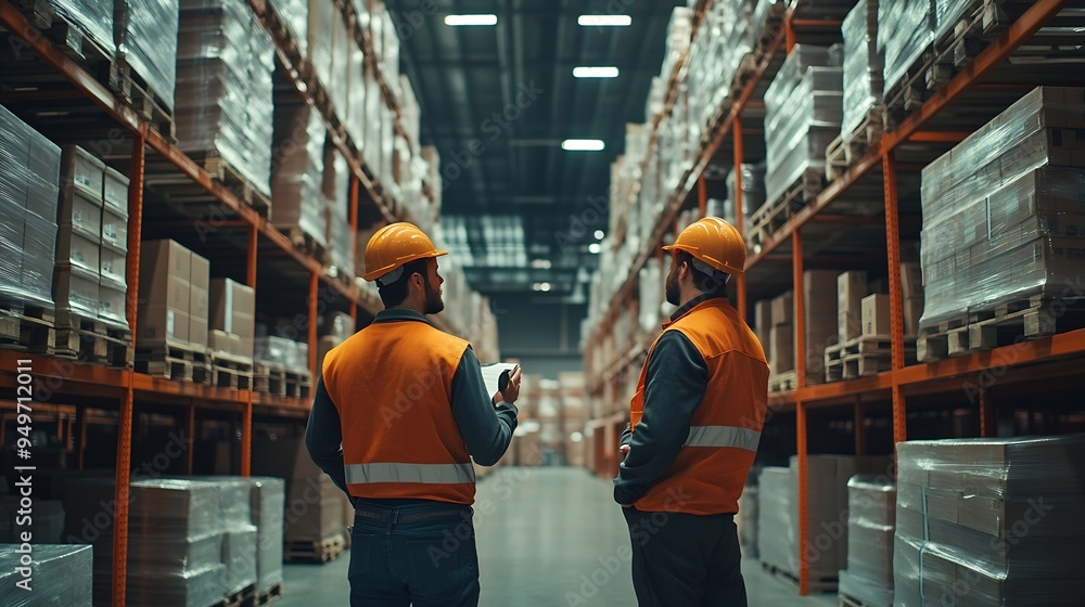 Poster Portrait of engineers workers planning and talking in empty warehouse to design the arrangement of product shelves Team foreman talk details work : Generative AI