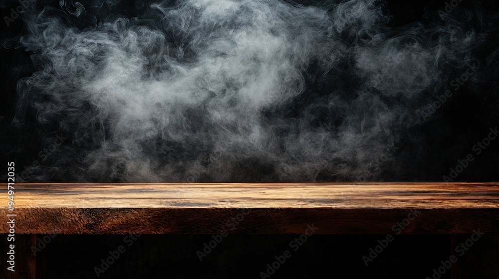 Aufkleber On a black background an empty wooden table with smoke floats up Empty space for displaying your products with a smoke float up on a dark background Space available for displaying your : Generative AI