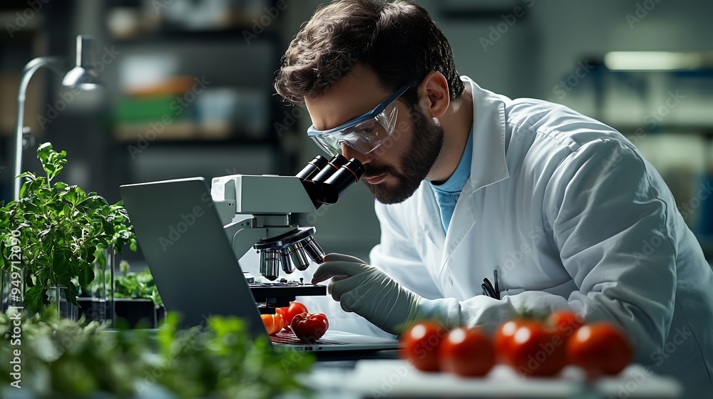 Aufkleber male scientist working on a laptop computer and analyzing a labgrown tomato through a microscope mic