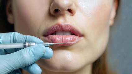 Close-up of dermal filler injection procedure, showing gloved hand holding syringe near woman's lips, highlighting cosmetic enhancement and beauty industry practices