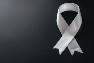 Satin grey silver cancer ribbon on black backdrop, symbolizing support for brain tumors, diabetes awareness, asthma campaigns, mental health, Parkinson's, and medical research events.