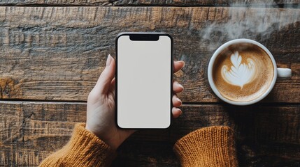 Top view of a woman's hand gripping a mobile phone with a white blank screen, accompanied by a steaming cup