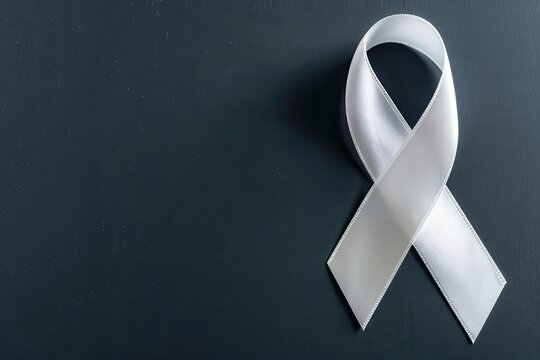 Satin Grey Silver Cancer Ribbon on Black Background, Symbolizing Support for Brain Tumors, Diabetes Awareness, Asthma Campaign, Mental Health, Parkinson's Survivor Research