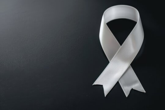 Satin grey silver cancer ribbon on black backdrop, symbolizing support for brain tumors, diabetes awareness, asthma campaigns, mental health, Parkinson's, and medical research events. - Powered by Adobe