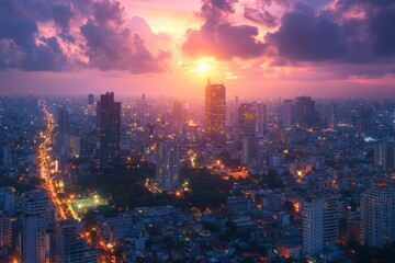 Obraz premium Cityscape with a sunset over a street of tall buildings and a glowing horizon.