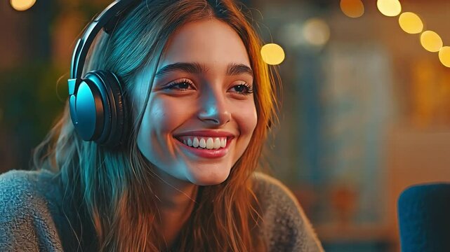 A content young lady records a podcast in a contemporary studio with her co-host.