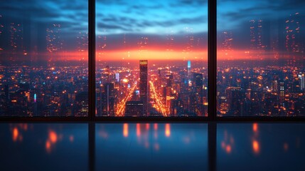 Night View of a City Through a Window