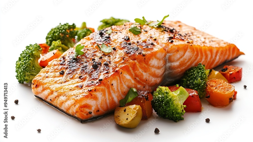Poster baked salmon fillet with broccoli and vegetables mix isolated on white background : generative ai