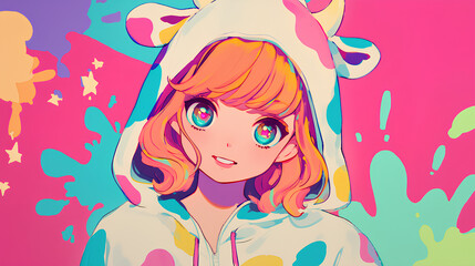 cute cow character wearing anime onesie costume, anime style, cute kawaii, simple, smiling happy. neon psychedelic background