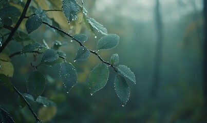 In the early morning forest, the drizzle is continuous, Generative AI