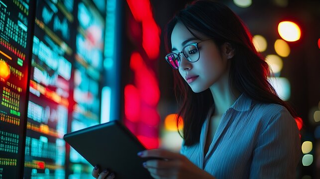 Young Asian Female Broker Working on Tablet Computer on Stock Exchange Floor Traders Monitoring RealTime Stocks Commodities and Exchange Market Data Professional Investment Agents in O : Generative AI