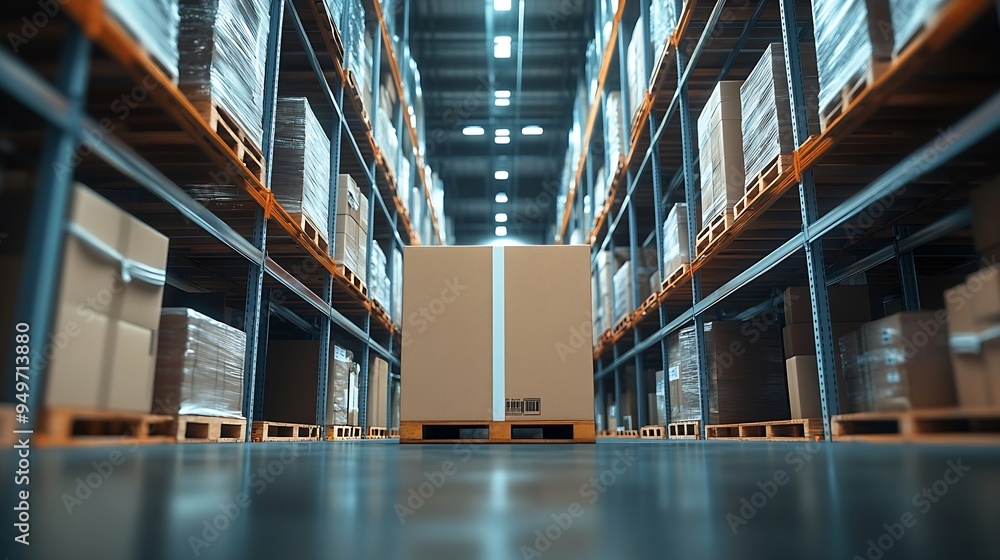 Poster boxes ladder and shelves with inventory at warehouse for distribution supply chain or logistics empt