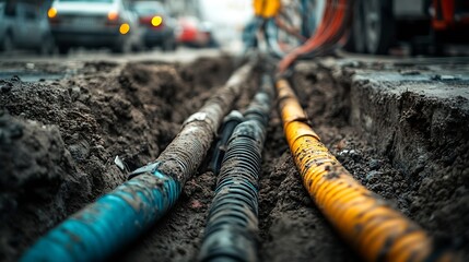 Various electrical cables dug out from the ground on the street laying underground  for technical work at the construction site : Generative AI