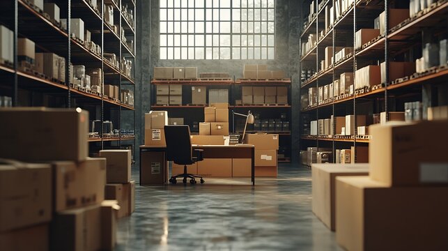 Interior of empty work space with office desk in warehouse with shelves filled cardboard boxes of retail products Business workplace used for shipping merchandise and stock inventory : Generative AI