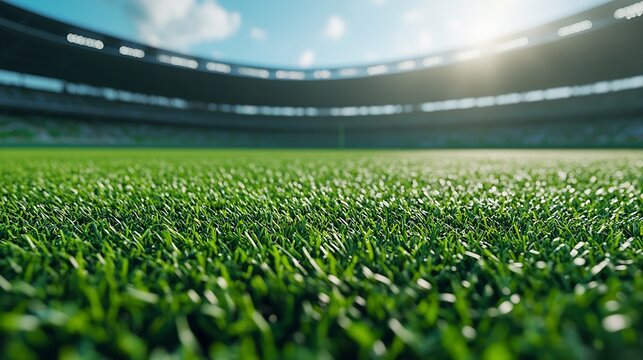 Sports stadium with green grass and spectator stands in the background Soccer field American football baseball Closeup of green stadium grass Sports mockup Sports background with copy  : Generative AI
