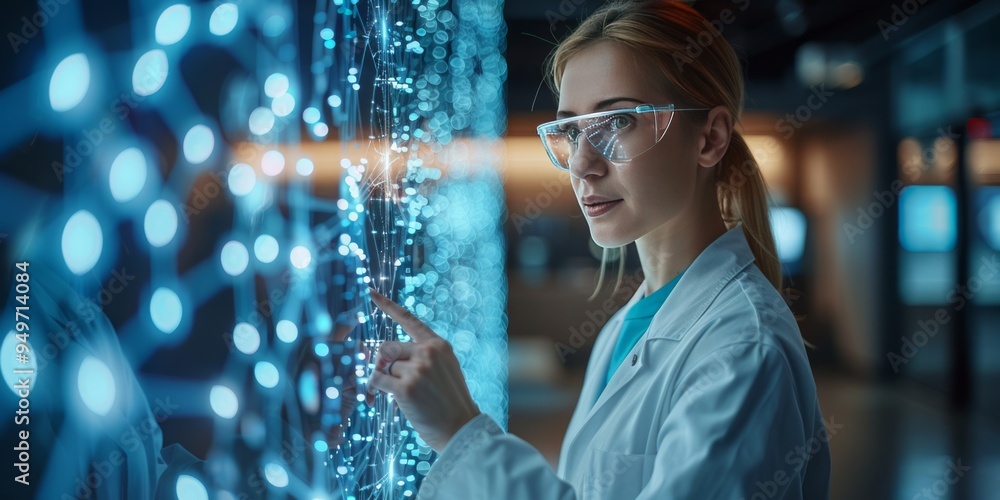 Aufkleber female scientist interacting with a digital interface, surrounded by glowing data points, in a futur