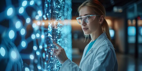 Female scientist interacting with a digital interface, surrounded by glowing data points, in a futuristic laboratory setting