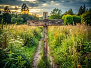 abandoned rural crossroad old sign decaying wood poles overgrown weeds nostalgic atmosphere melancholy sadness forgotten memories past history
