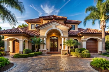 Obraz premium luxurious florida shingle roof grand entrance sweeping curves elegant archways rich wood tones lavish decor opulent sophisticated grandiosity majestic beauty