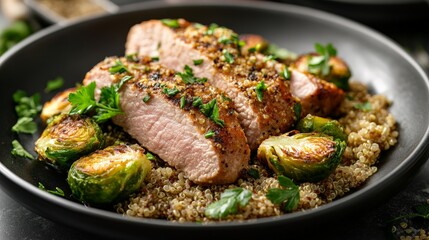 Sliced grilled chicken breasts served on a bed of quinoa with roasted Brussels sprouts in a black dish, garnished with fresh herbs.