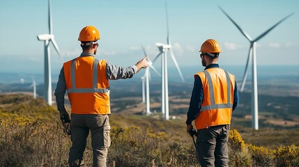 Rear view of engineer pointing at wind turbine with maintenance technician in wind farm Copy space : Generative AI