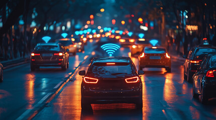 Future Smart City Traffic Scene with Connected Cars, Data Signals, and Advanced Urban Mobility Solutions at Night