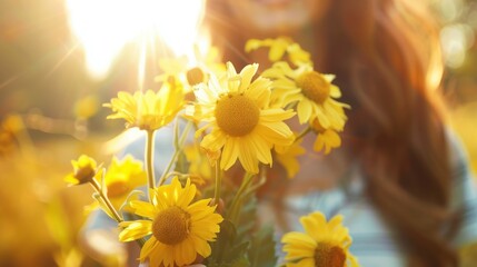 Obraz premium Sunlit daisies. Woman holding a bouquet of yellow daisies in a sunlit field, representing joy and new beginnings.