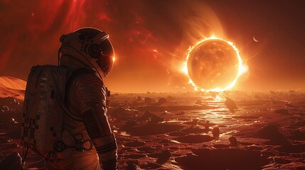 Fototapeta premium A close-up shot of an astronaut observing a solar eclipse from the surface of Mars, the Sun partially obscured by Phobos, the Martian sky tinged with a deep red hue,